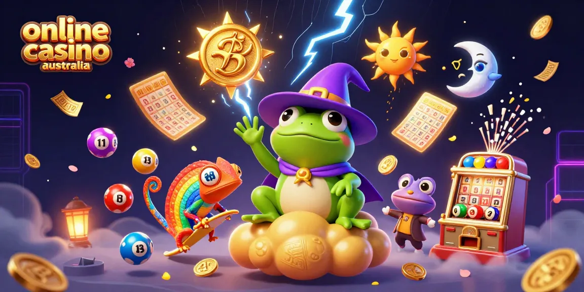 Experience excitement at online casino australia with a 3D scene of a wizard frog and rainbow chameleon.