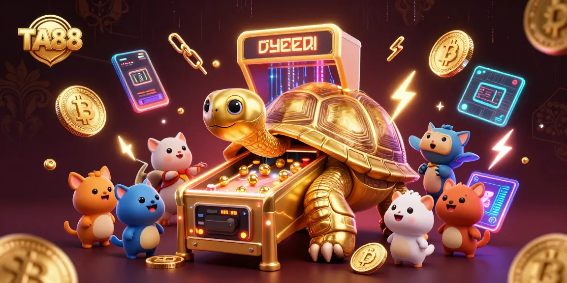 TA88 captivating scene with a golden tortoise pinball machine surrounded by crypto elements.