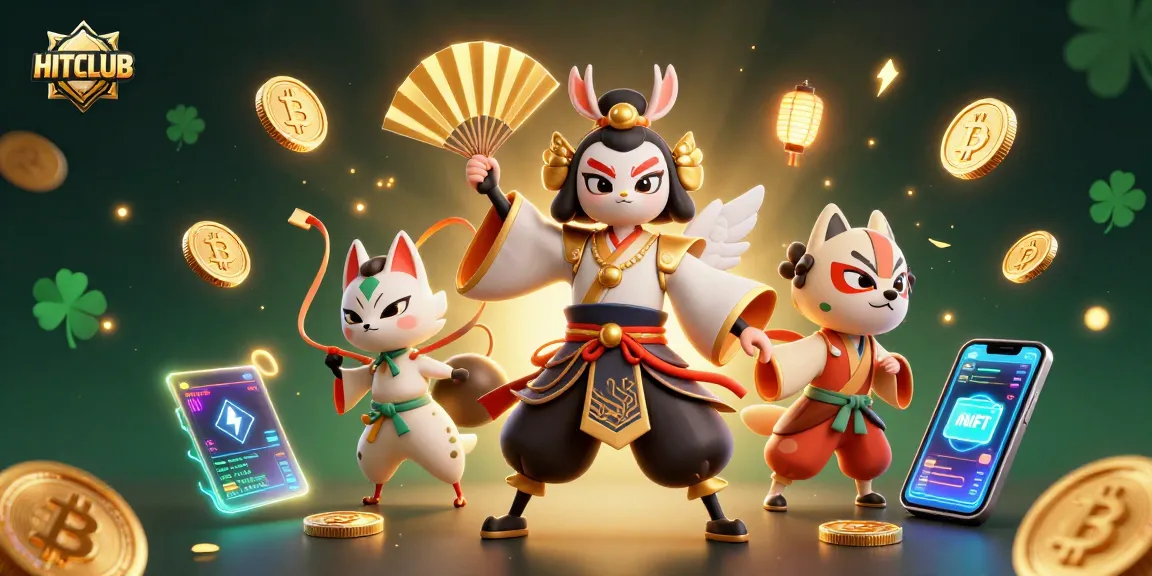 Win big at HITCLUB with this vibrant 3D illustration showcasing interactive casino elements and characters.
