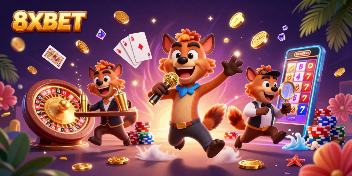 Experience the vibrant 8XBET comedy casino scene, featuring animated hyenas and casino elements.