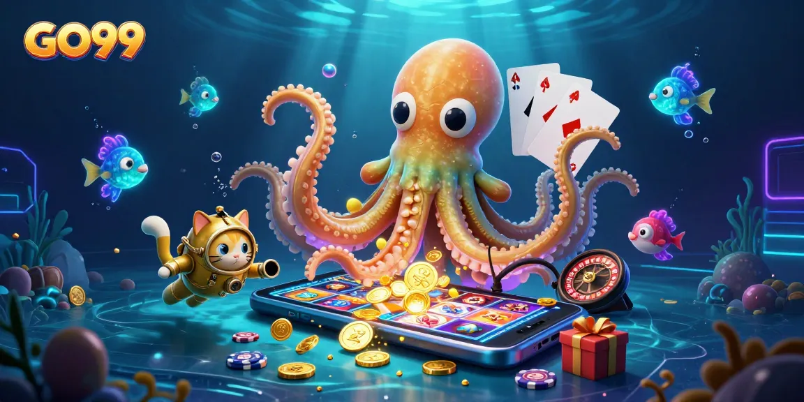 Engage with GO99's thrilling gaming universe featuring a kraken, diving cat, and lively gambling elements.