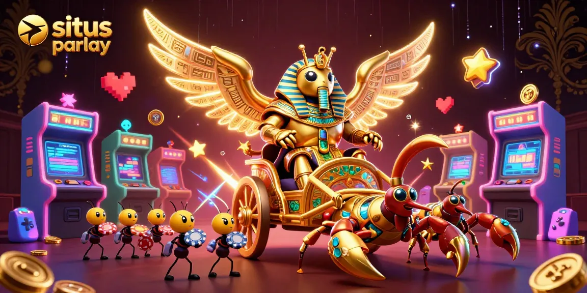 Experience situs parlay strategy through a vibrant 3D illustration of a majestic beetle and scorpions in dynamic action.