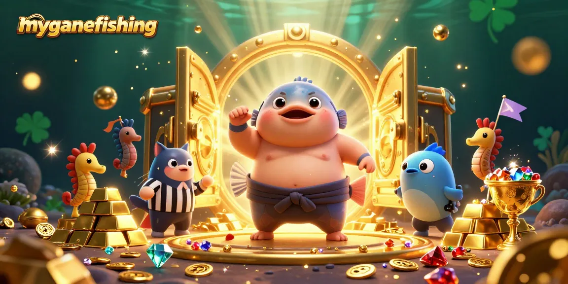 Engage in mygamefishing with animated undersea adventure featuring a fugu mascot sporting a sumo belt and treasures.