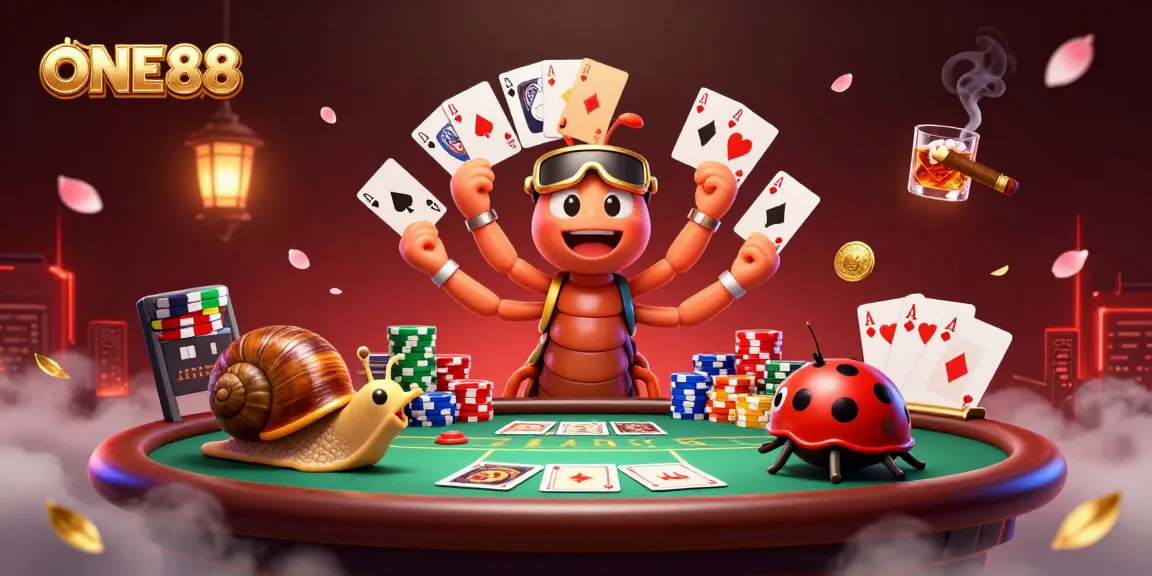 Engage with ONE88's vibrant casino scene featuring a dynamic cartoon dealer and thrilling poker elements.