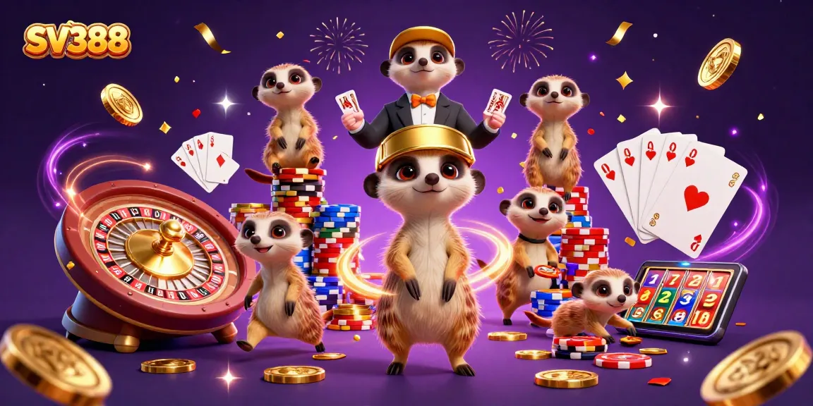 SV388 meerkats leading a lively casino scene with vibrant games and golden rewards.